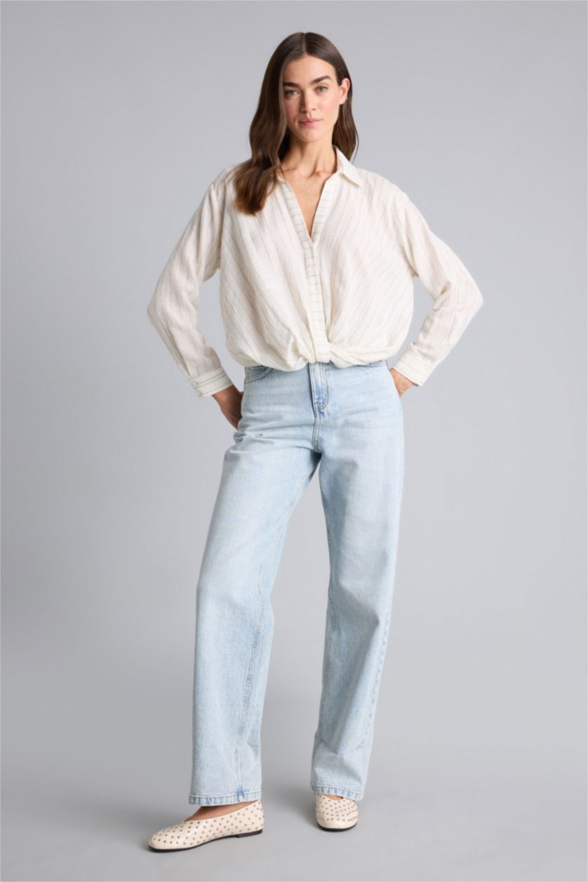 Kadın Açık Mavi Çizgili Simli Kumaş Gömlek