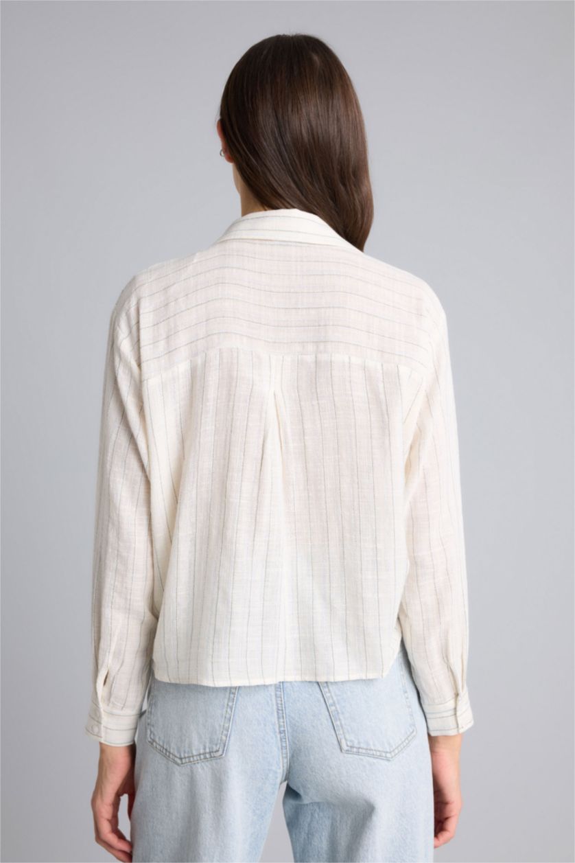 Kadın Açık Mavi Çizgili Simli Kumaş Gömlek