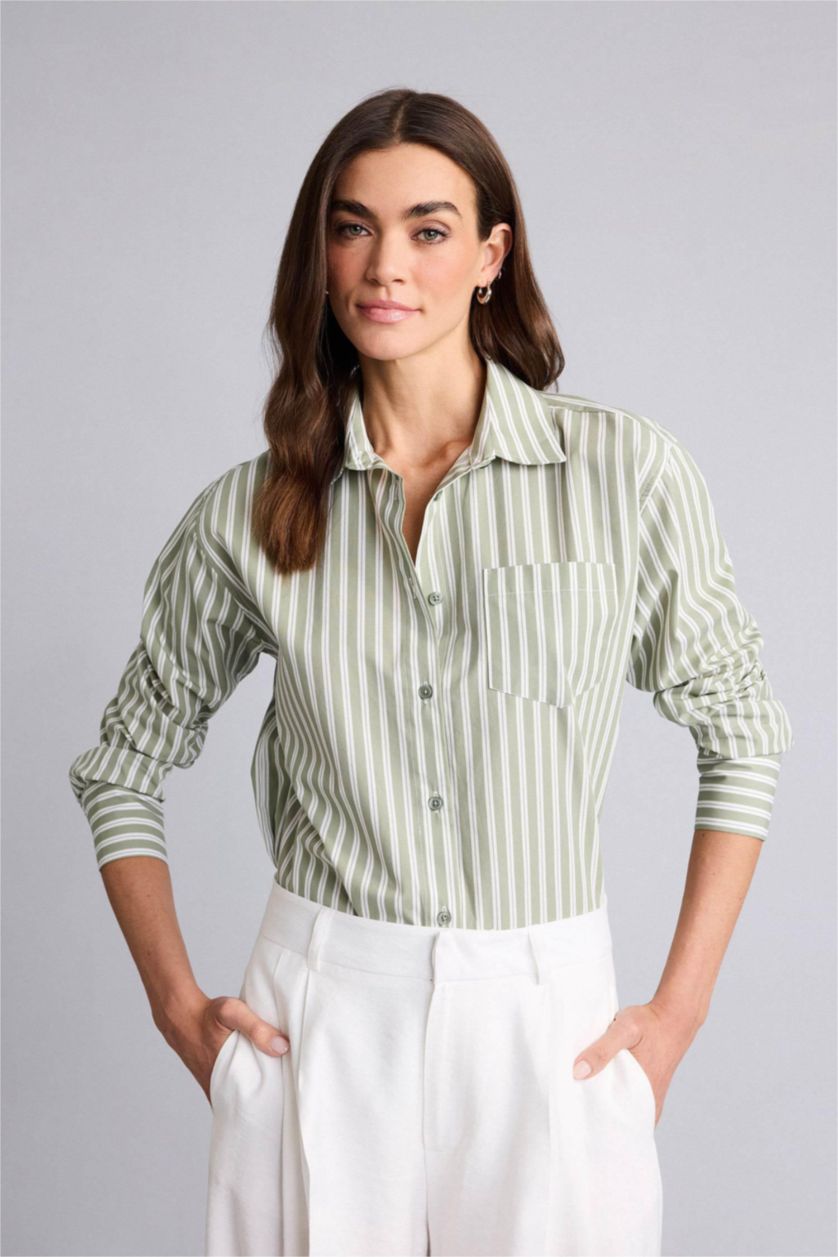 Kadın Haki Oversıze Gömlek Yaka Çizgili Poplin Uzun Kollu Gömlek