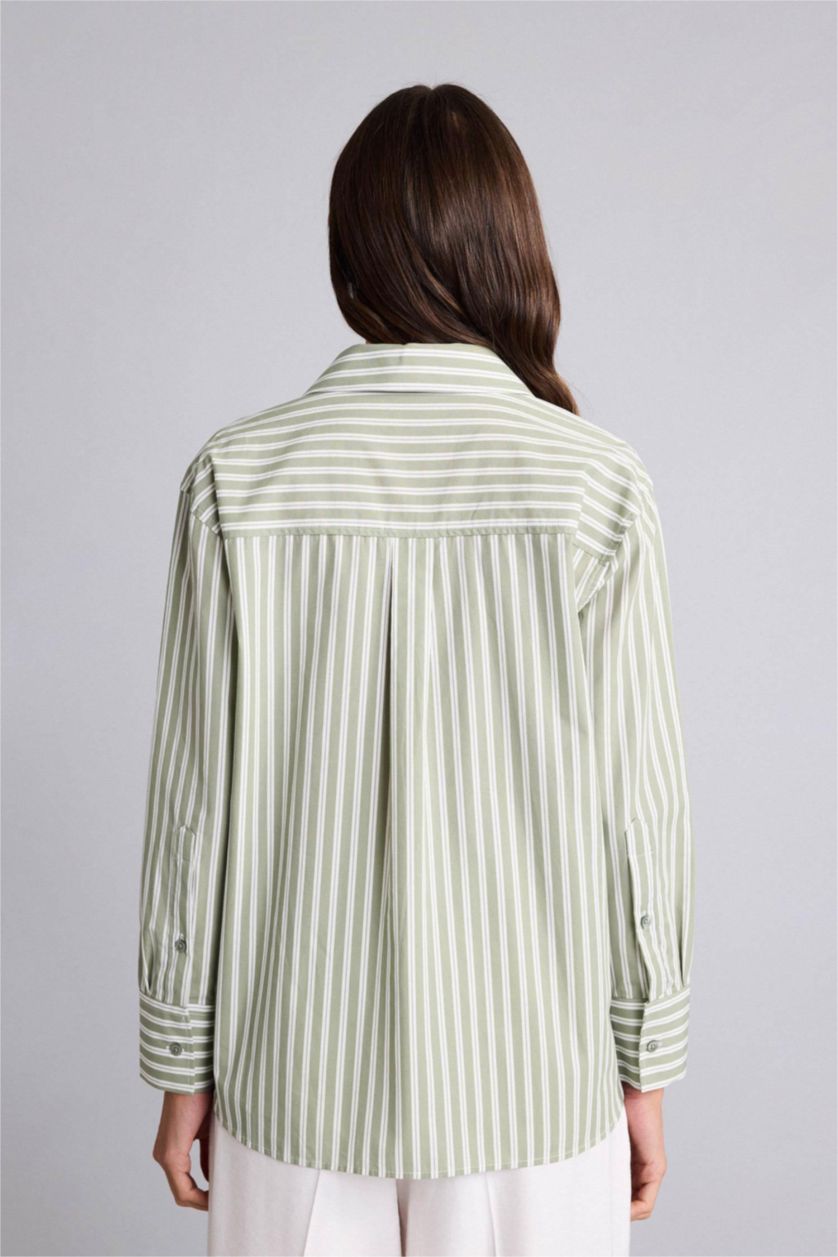 Kadın Haki Oversıze Gömlek Yaka Çizgili Poplin Uzun Kollu Gömlek