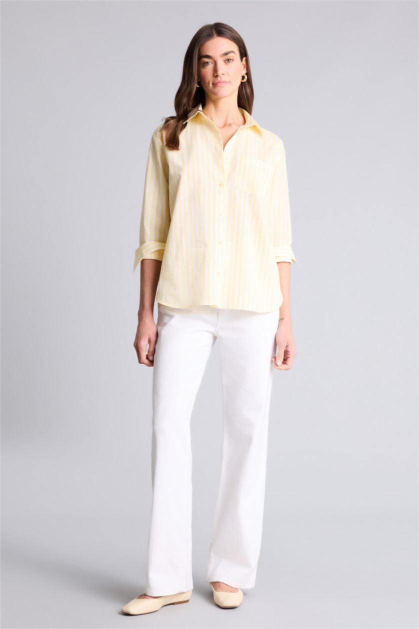Kadın Açık Sarı Oversıze Gömlek Yaka Çizgili Poplin Uzun Kollu Gömlek