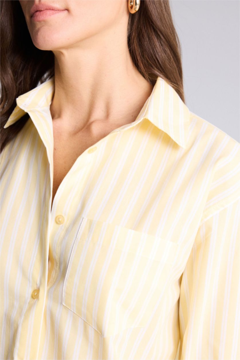 Kadın Açık Sarı Oversıze Gömlek Yaka Çizgili Poplin Uzun Kollu Gömlek