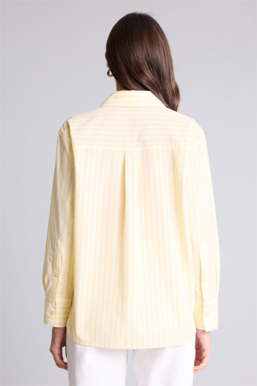 Kadın Açık Sarı Oversıze Gömlek Yaka Çizgili Poplin Uzun Kollu Gömlek