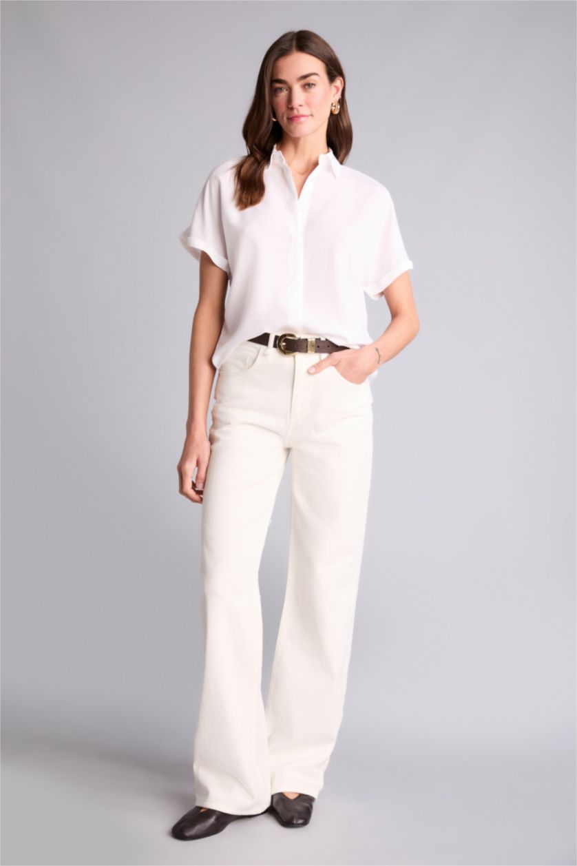 Kadın Beyaz Regular Fıt Gömlek Yaka Kısa Kollu Gömlek
