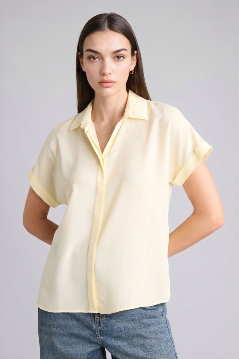 Kadın Açık Sarı Regular Fit Kısa kollu Gömlek