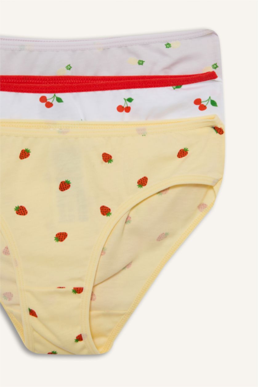 Kız Çocuk - Genç Kız Beyaz Meyve Desenli Penye 3'lü Slip Külot Kız Çocuk