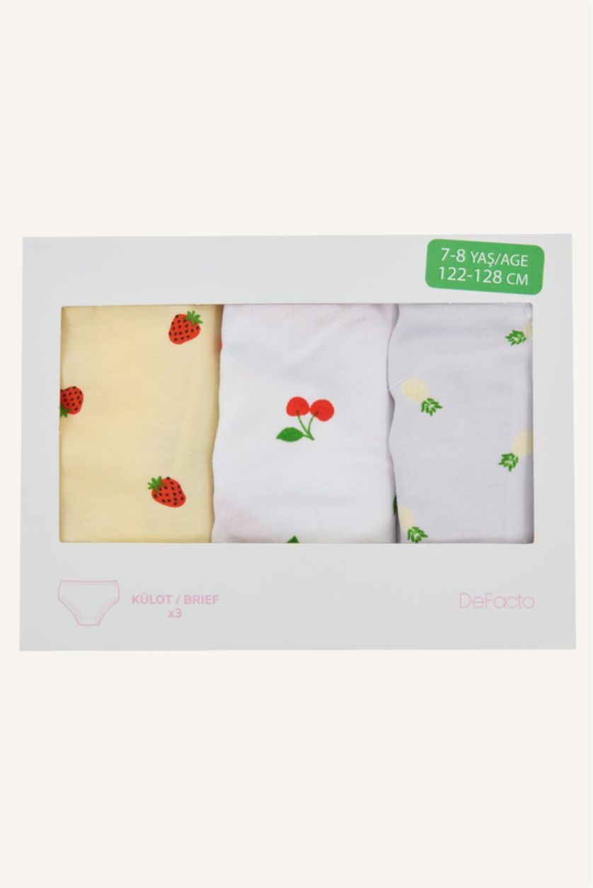 Kız Çocuk - Genç Kız Beyaz Meyve Desenli Penye 3'lü Slip Külot Kız Çocuk