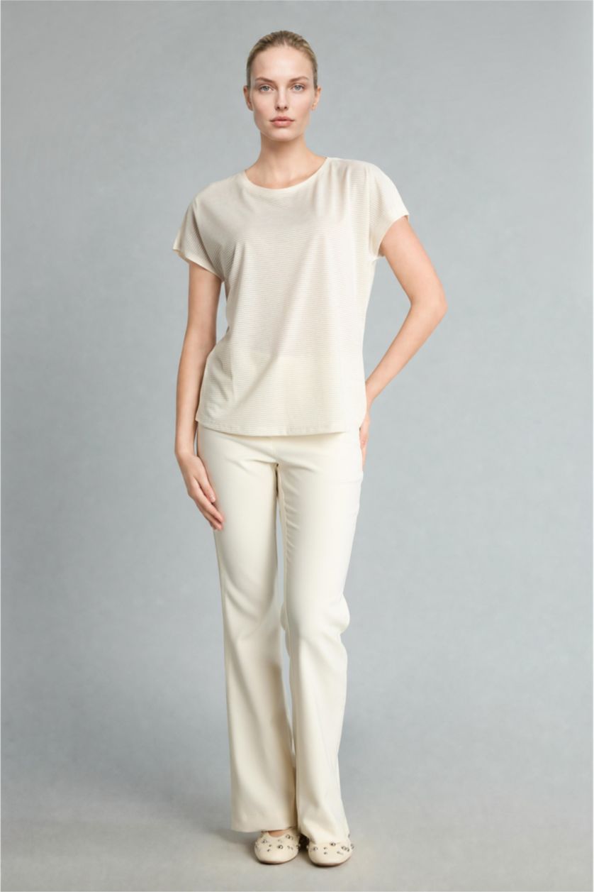 Women Ecru Crew Neck Short Sleeve T-Shirt