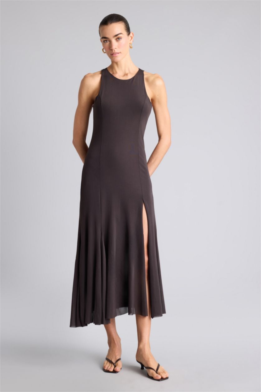 Kadın Kahve Tül Kolsuz Midi Elbise