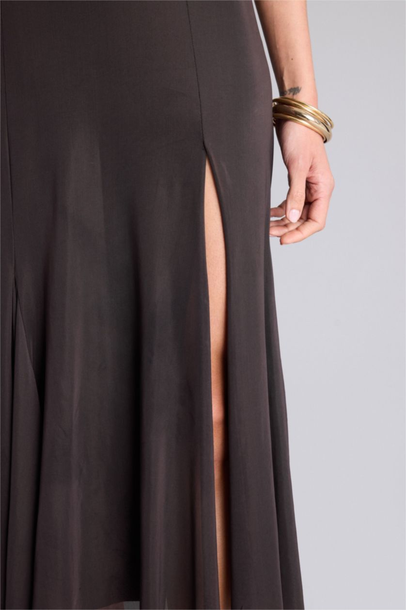 Kadın Kahve Tül Kolsuz Midi Elbise