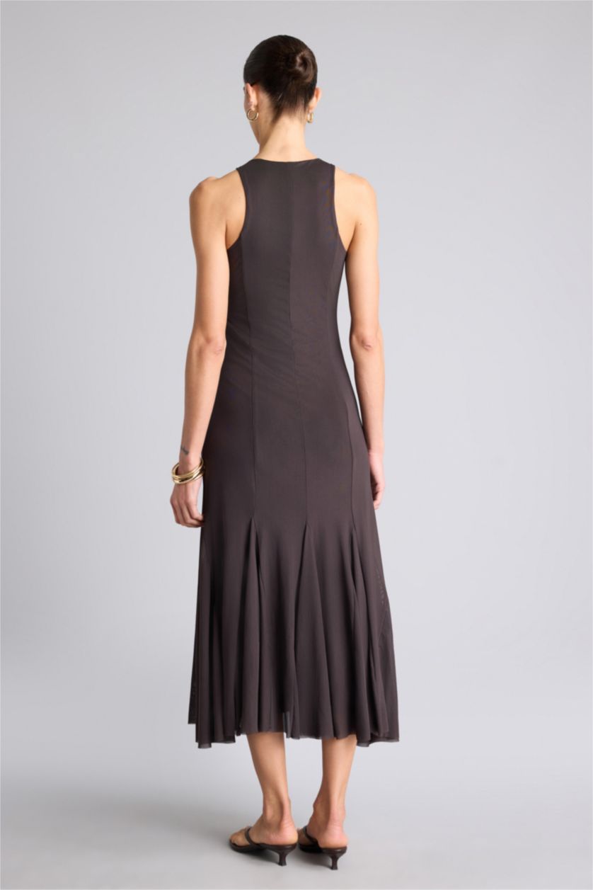 Kadın Kahve Tül Kolsuz Midi Elbise