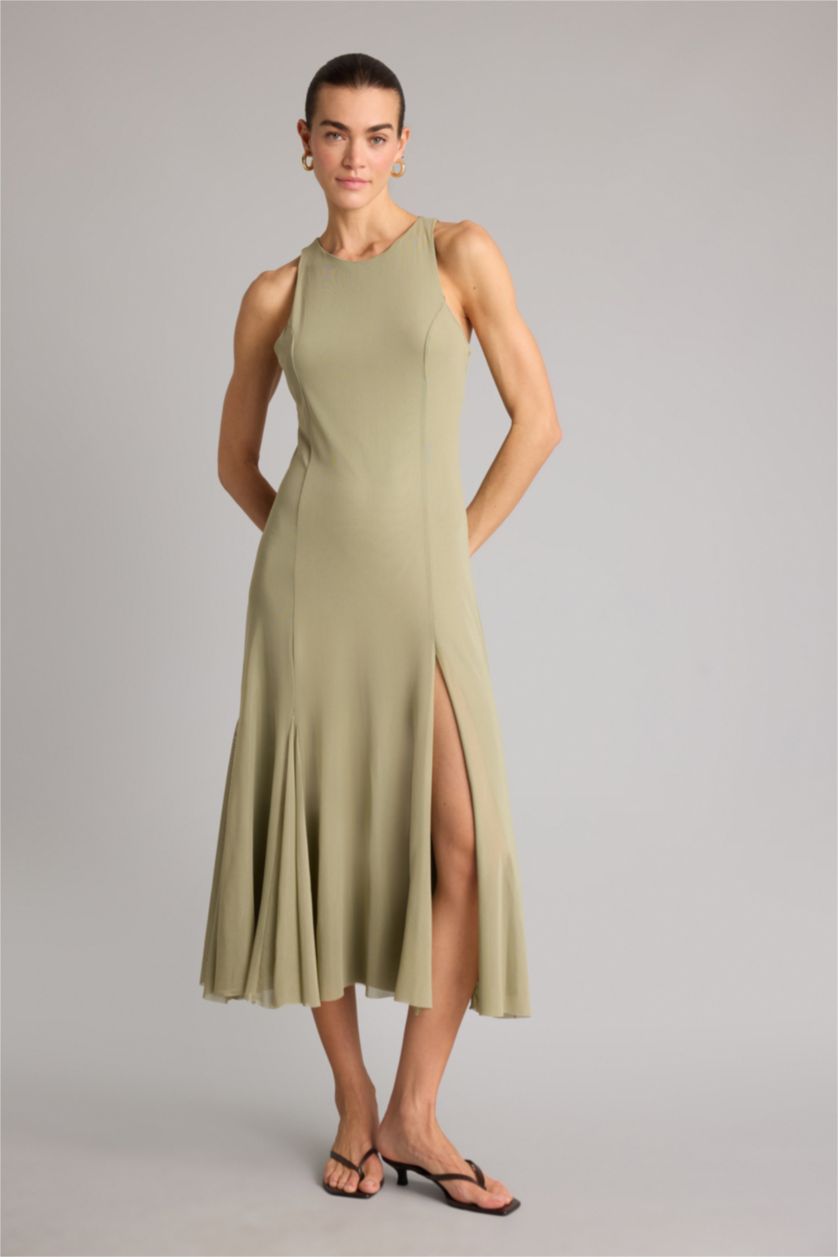Kadın Haki Bisiklet Yaka Tül Kolsuz Midi Elbise