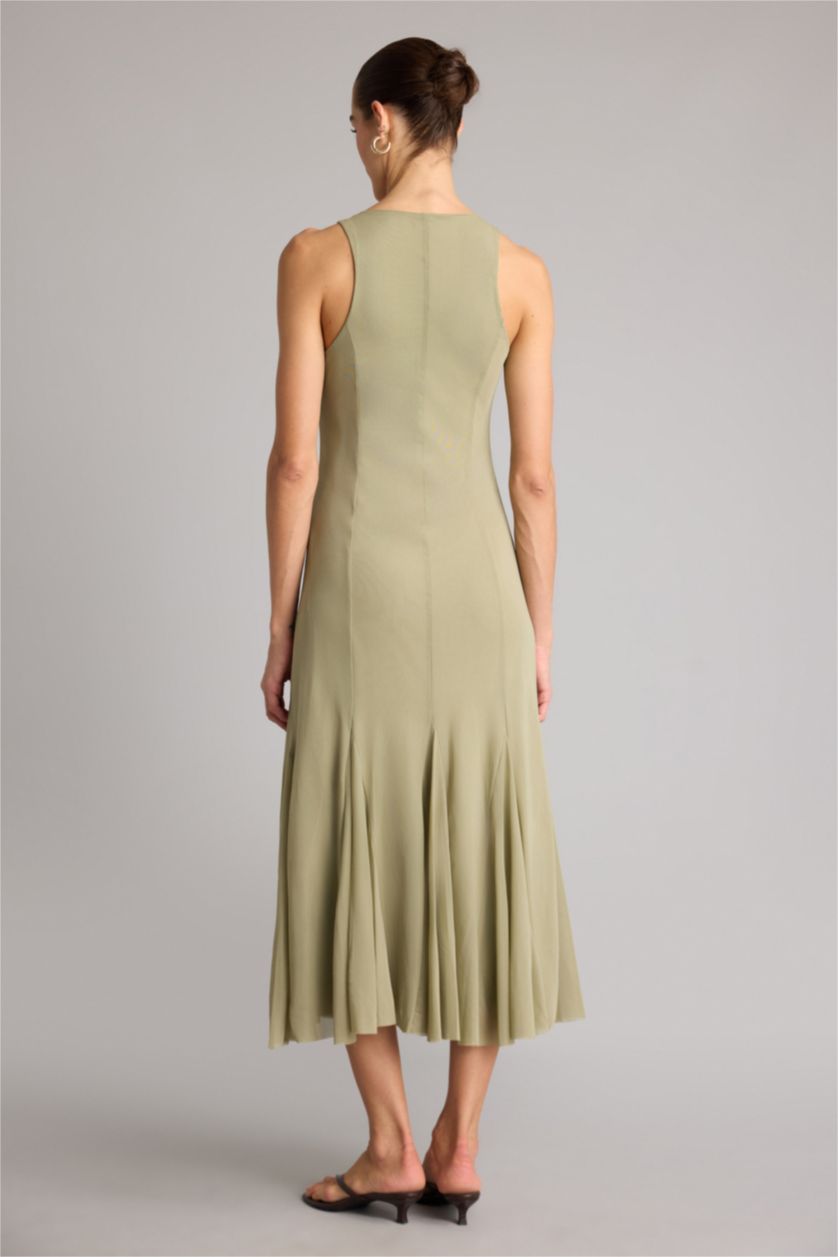 Kadın Haki Bisiklet Yaka Tül Kolsuz Midi Elbise