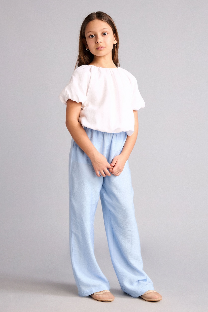 Kız Çocuk - Genç Kız Açık Mavi Straight Fit Kırışık dokulu Pantolon Kız Çocuk