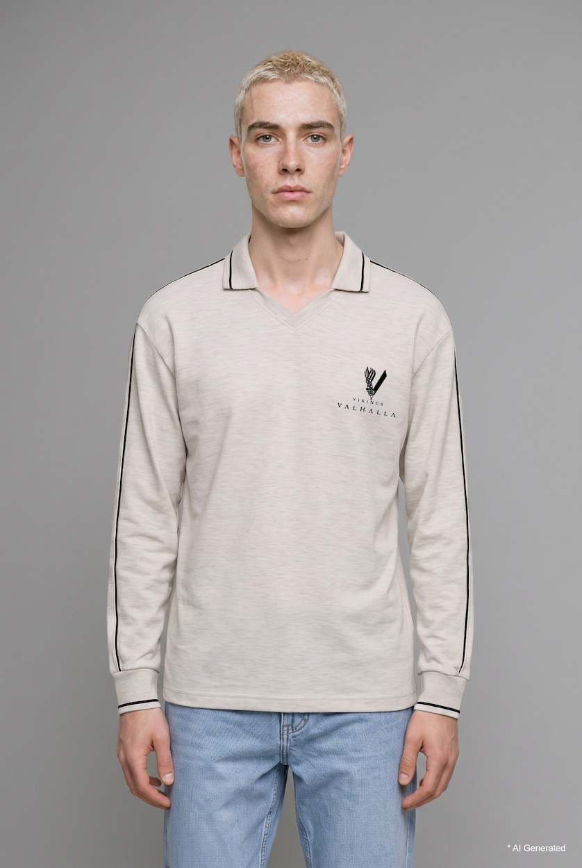 Men Grey Melange Boxy Fit Vikings Valhalla Printed Sweatshirt