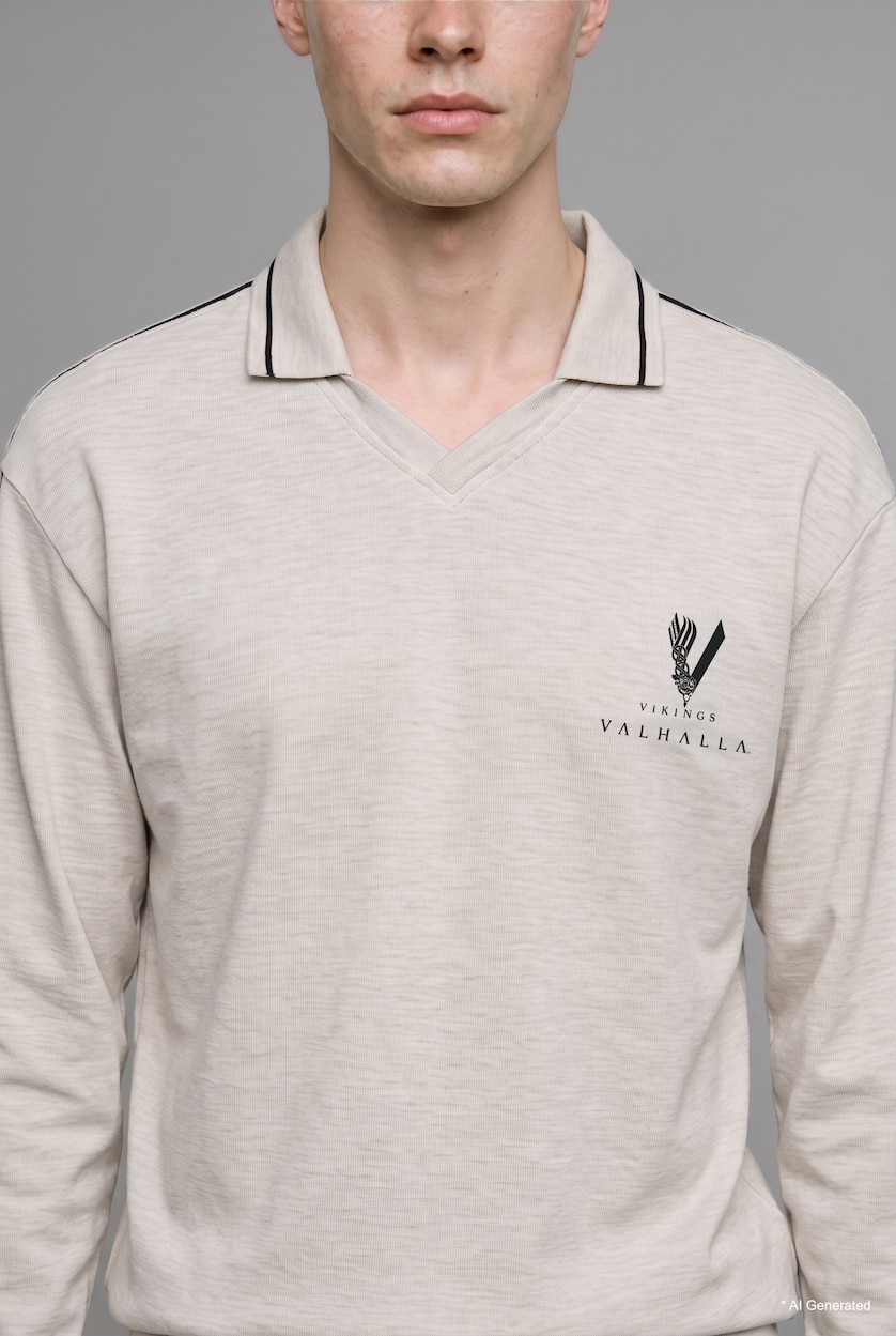 Men Grey Melange Boxy Fit Vikings Valhalla Printed Sweatshirt