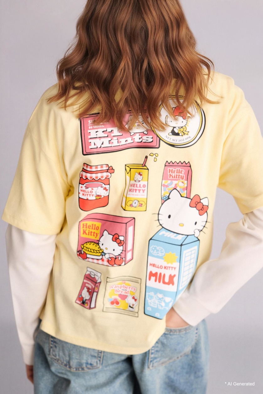 Young Girls - Teen Girls Light Yellow Girl Oversize Fit Hello Kitty Licensed Short Sleeve T-Shirt