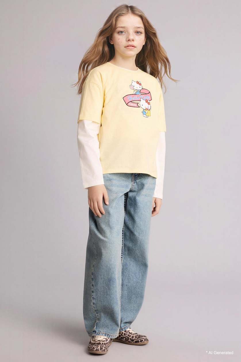 Young Girls - Teen Girls Light Yellow Girl Oversize Fit Hello Kitty Licensed Short Sleeve T-Shirt