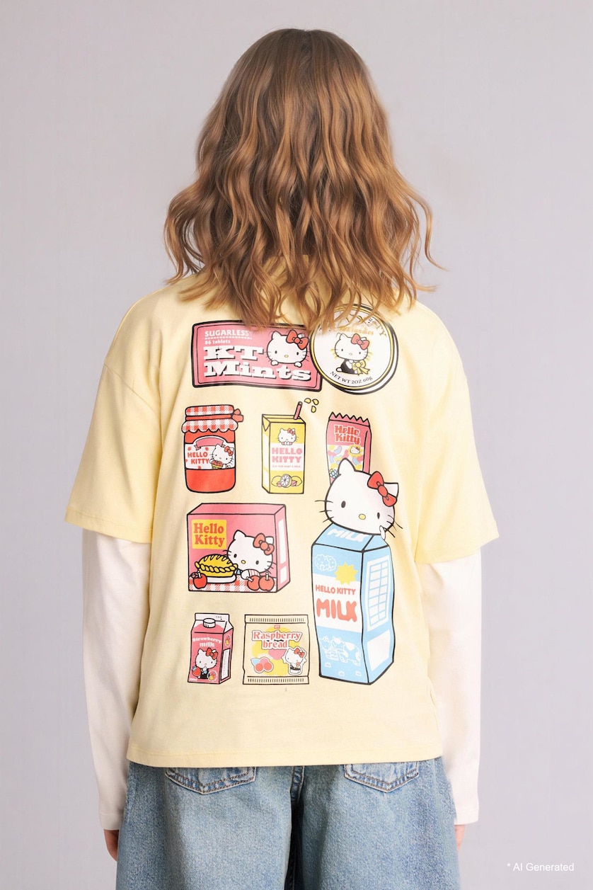 Young Girls - Teen Girls Light Yellow Girl Oversize Fit Hello Kitty Licensed Short Sleeve T-Shirt