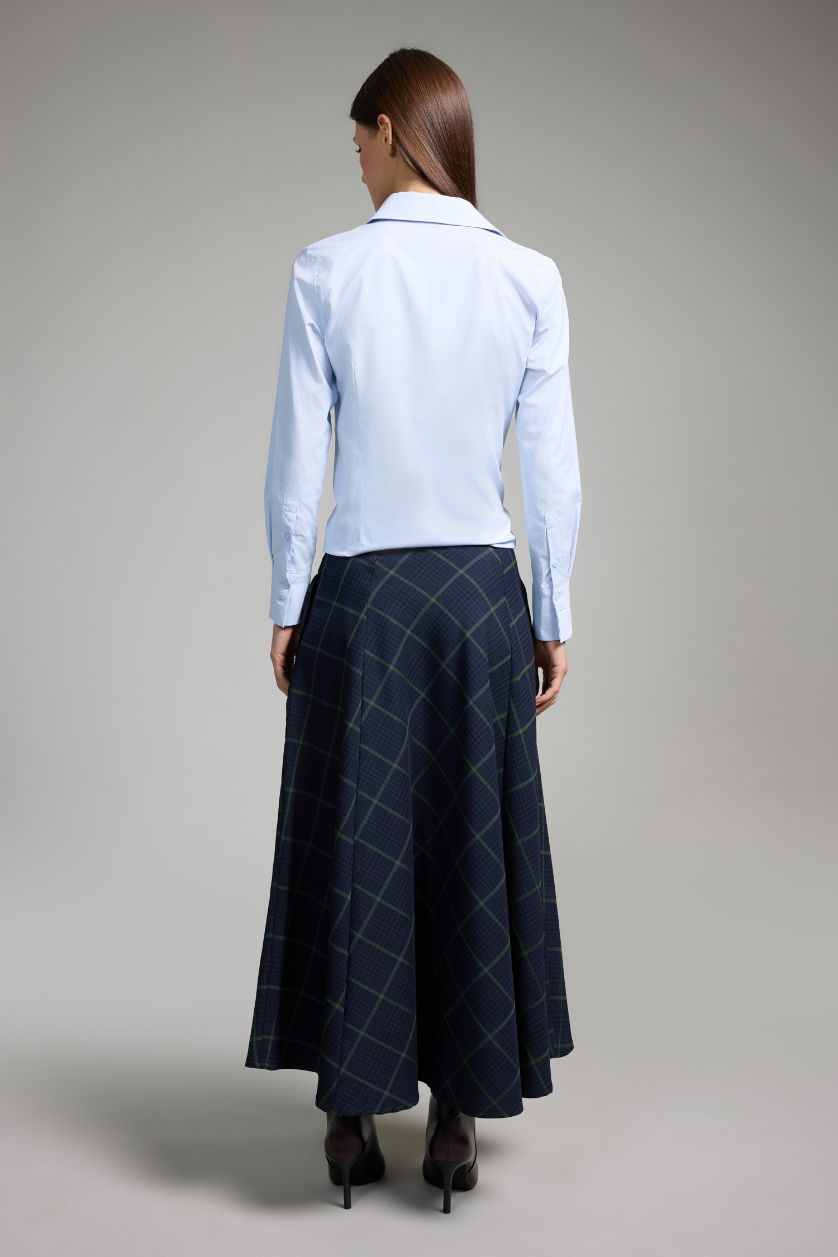 Kadın Lacivert A Kesim Kareli Normal Bel Midi Etek