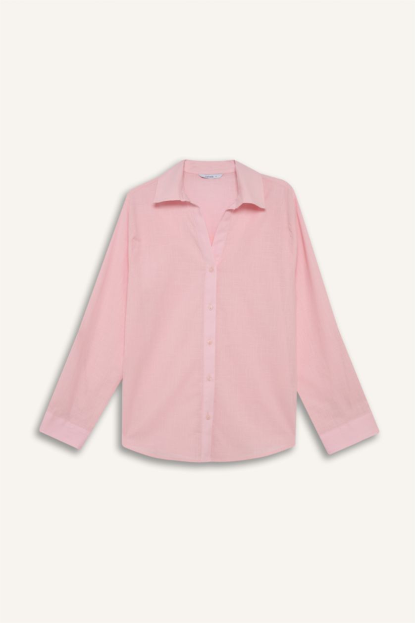Kadın Açık Pembe Regular Fıt Gömlek Yaka Uzun Kollu Gömlek