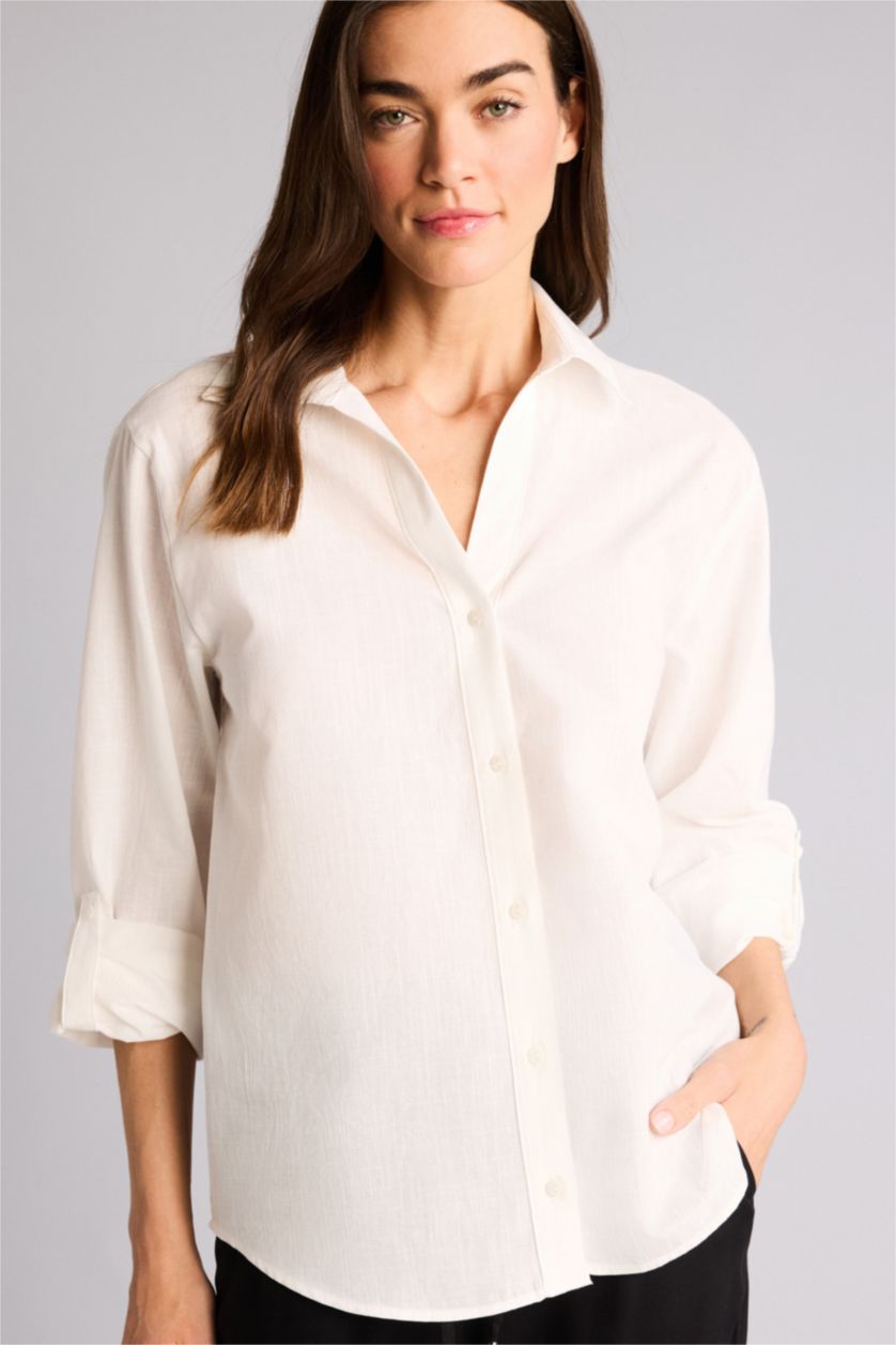 Kadın Beyaz Regular Fıt Gömlek Yaka Uzun Kollu Gömlek
