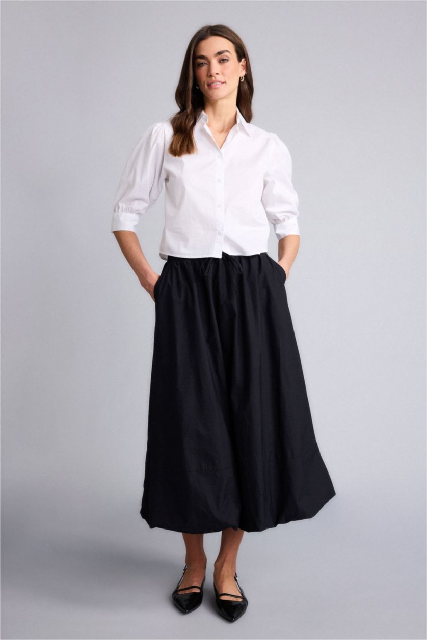 Kadın Siyah Balloon Fıt Normal Bel Poplin Midi Etek