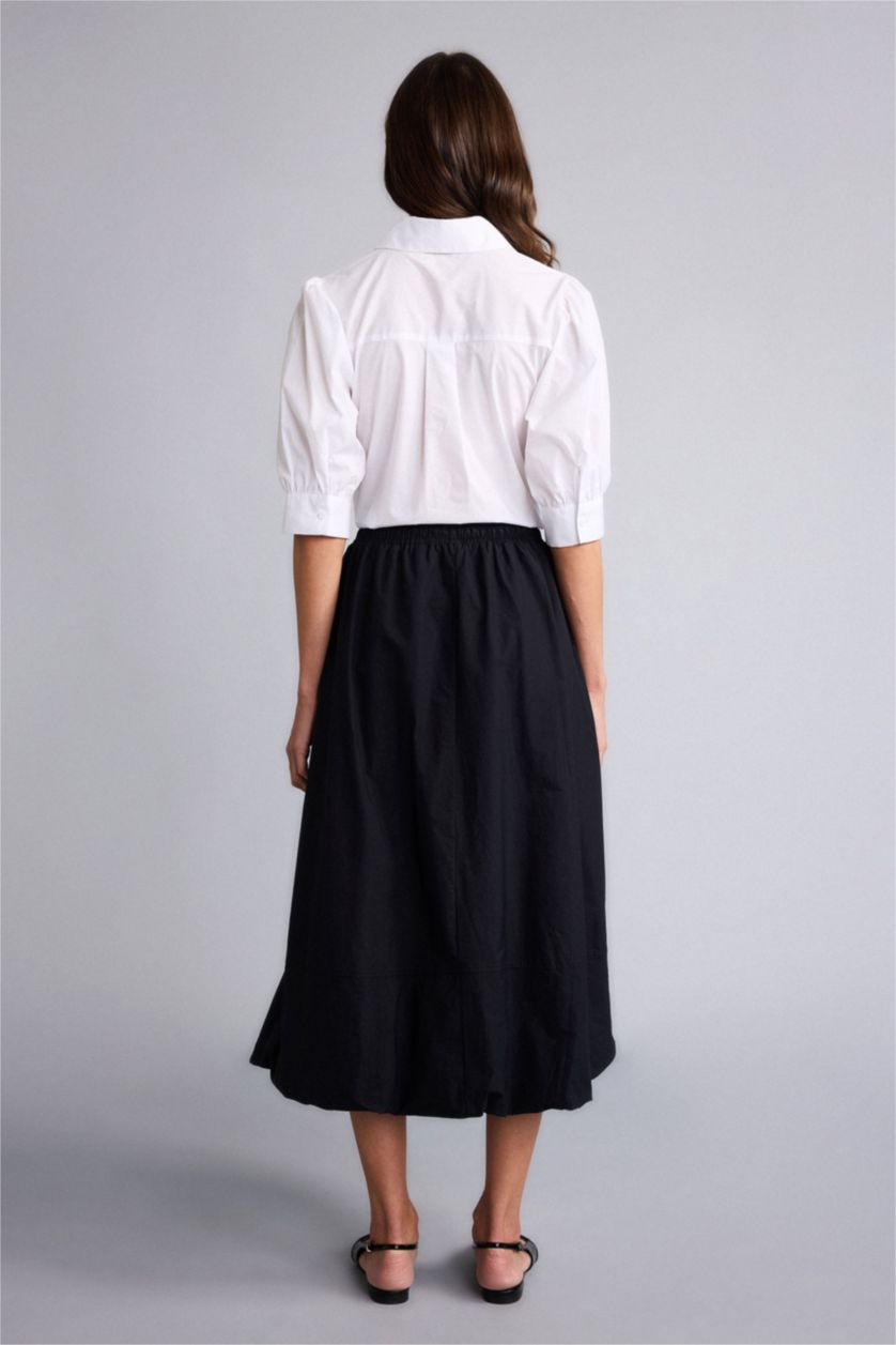 Kadın Siyah Balloon Fıt Normal Bel Poplin Midi Etek