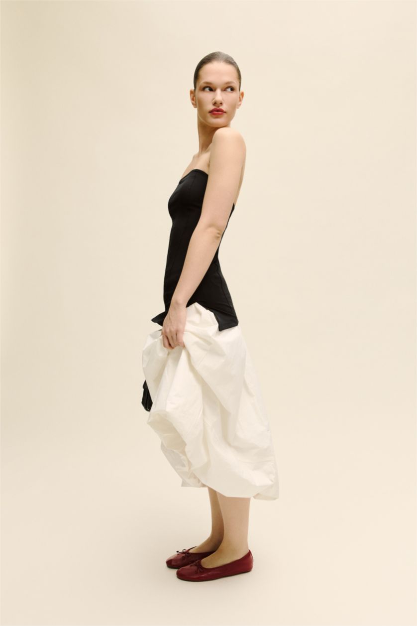 Woman White Balloon Fit Poplin Normal Waist Midi Skirt