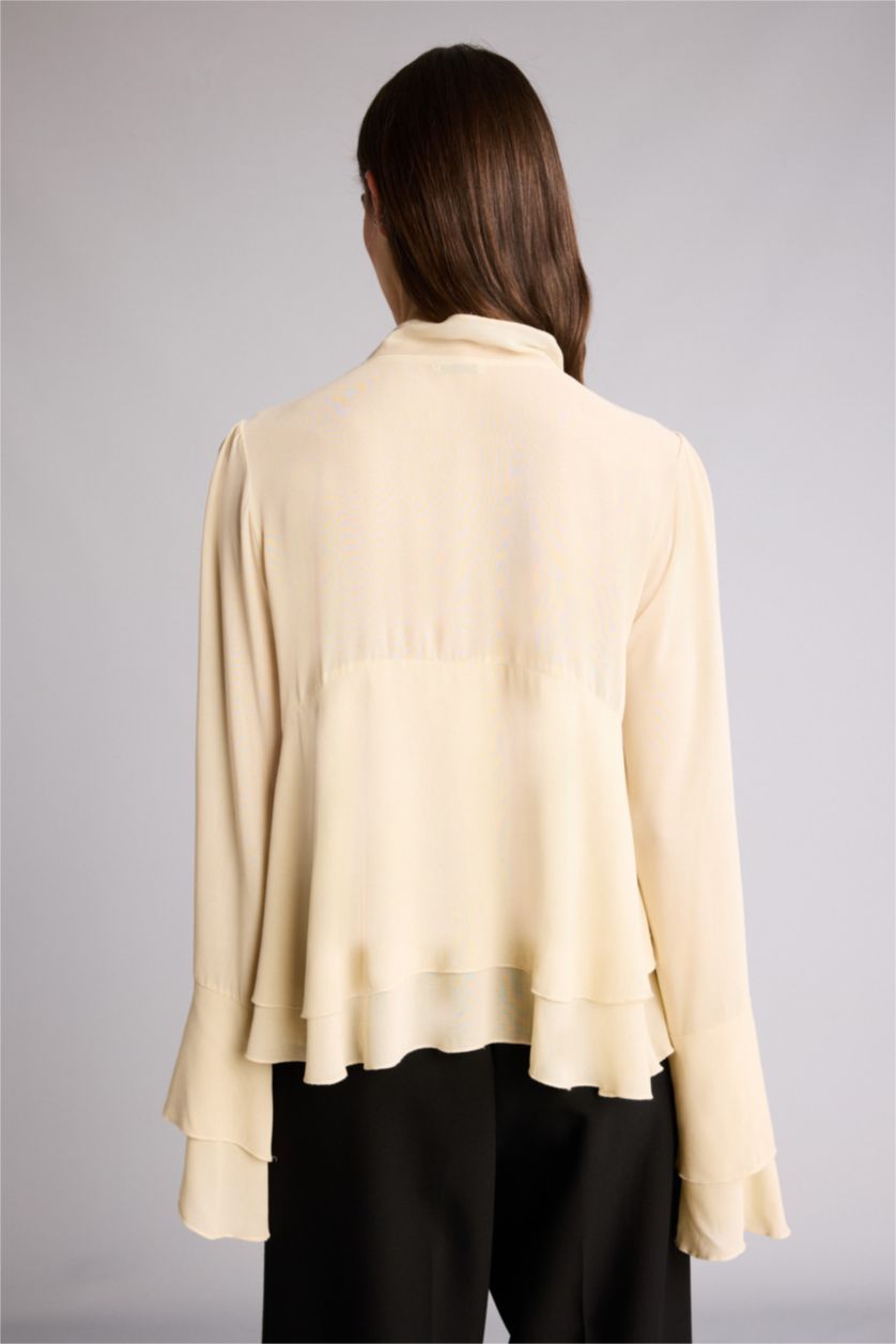 Kadın Kum Regular Fıt V Yaka Viskon Uzun Kollu Bluz