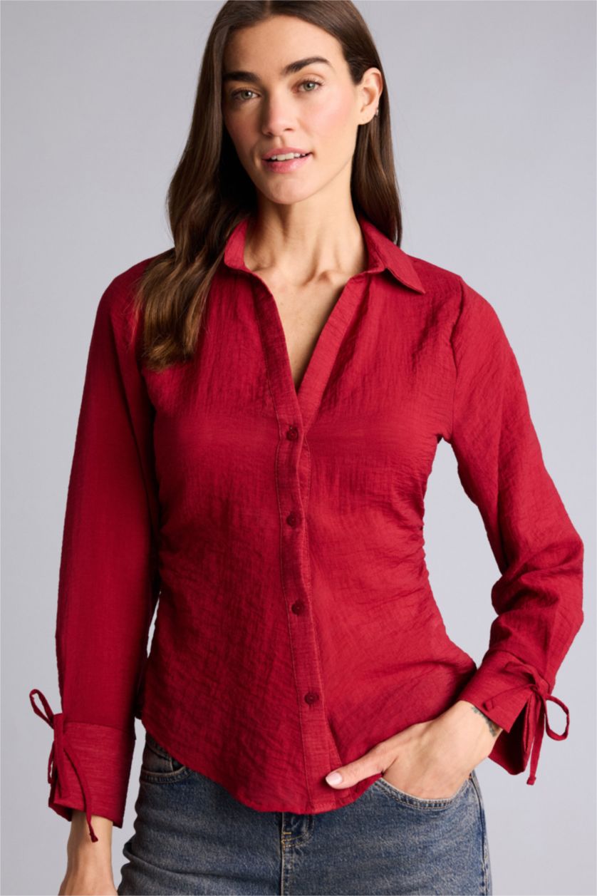 Kadın Bordo Fıtted Gömlek Yaka Modal Uzun Kollu Gömlek