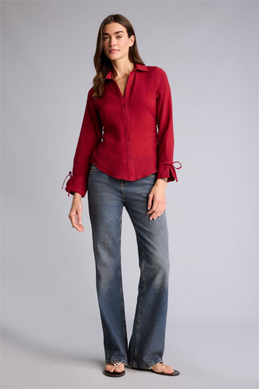 Kadın Bordo Fıtted Gömlek Yaka Modal Uzun Kollu Gömlek