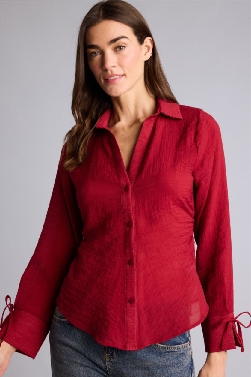 Kadın Bordo Fıtted Gömlek Yaka Modal Uzun Kollu Gömlek