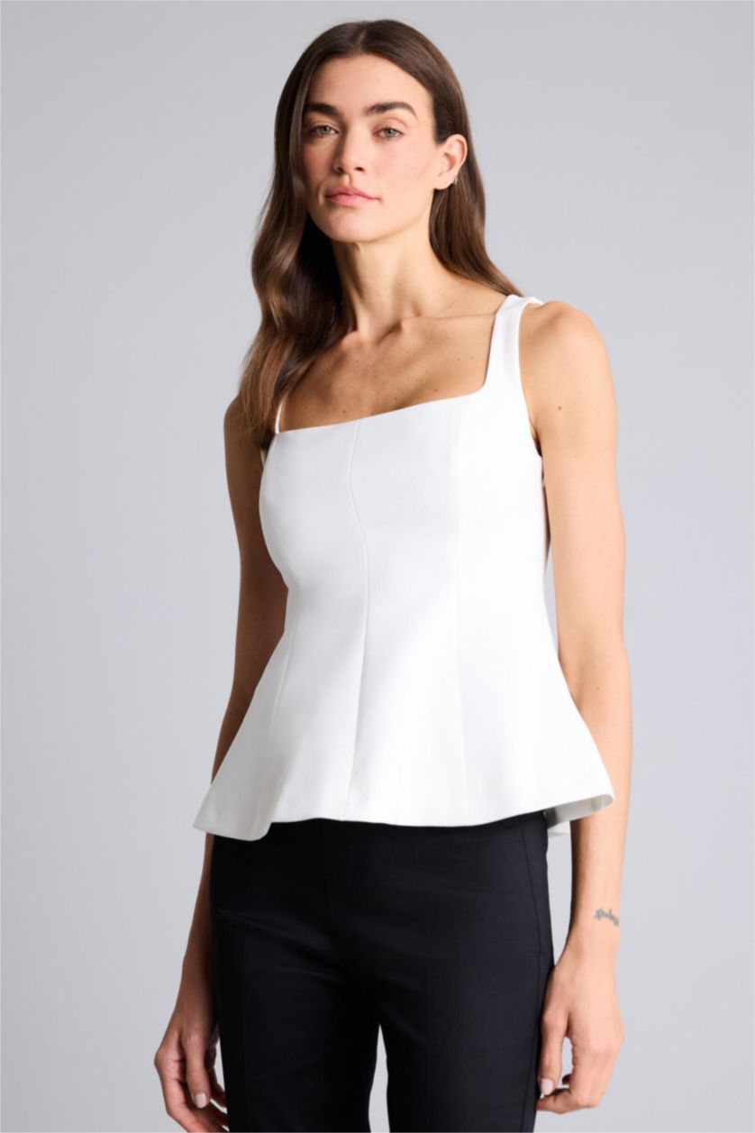 Woman Ecru Slim Fit Square Collar Sleeveless Blouse