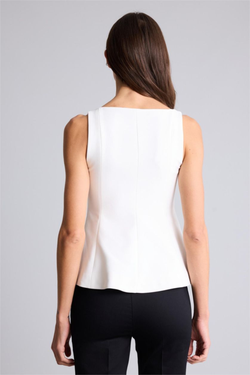 Woman Ecru Slim Fit Square Collar Sleeveless Blouse