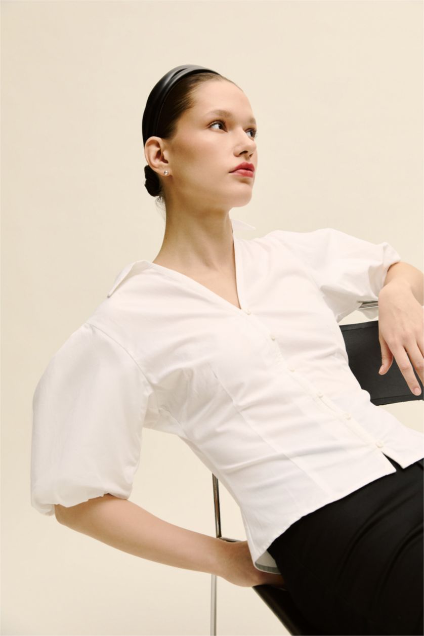 نساء أبيض قميص نص كم بوبلين سليم فيت مخصر