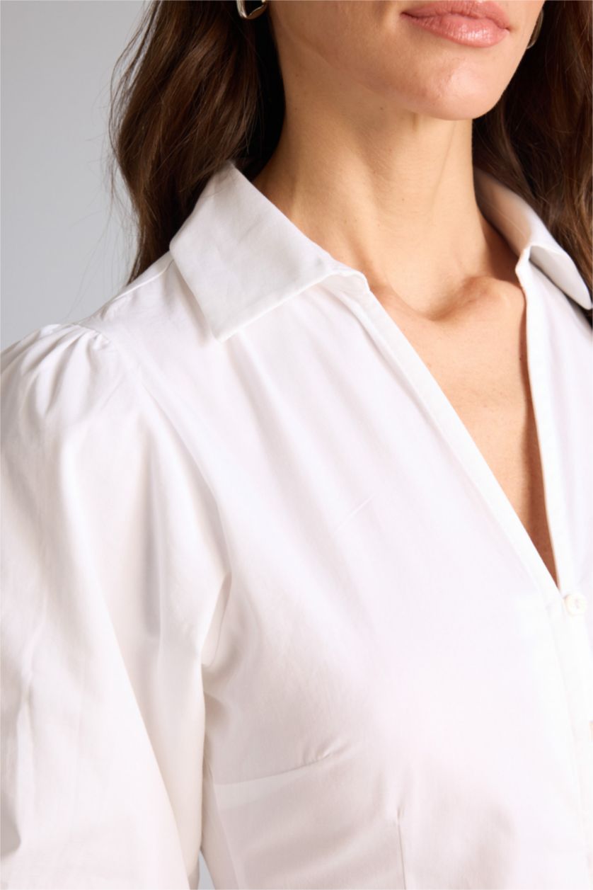 Kadın Beyaz Fıtted Poplin Kısa Kollu Gömlek