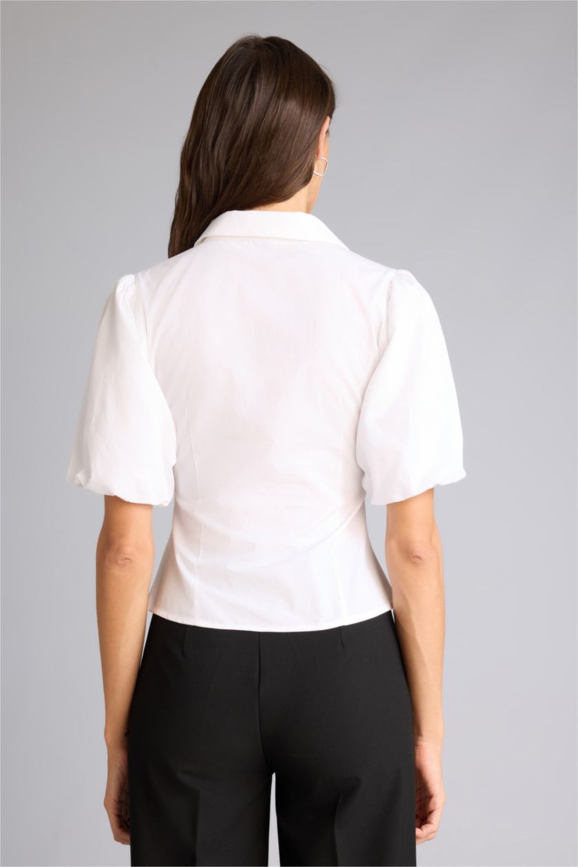 Kadın Beyaz Fıtted Poplin Kısa Kollu Gömlek