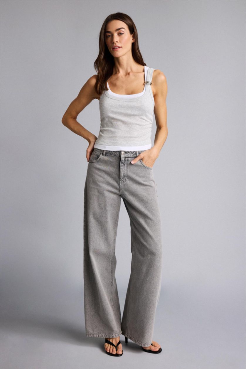 Kadın Gri Melanj Slım Fıt Ribana Atlet