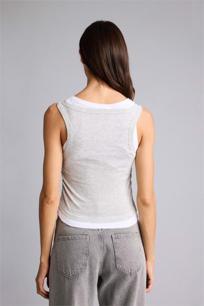 Kadın Gri Melanj Slım Fıt Ribana Atlet