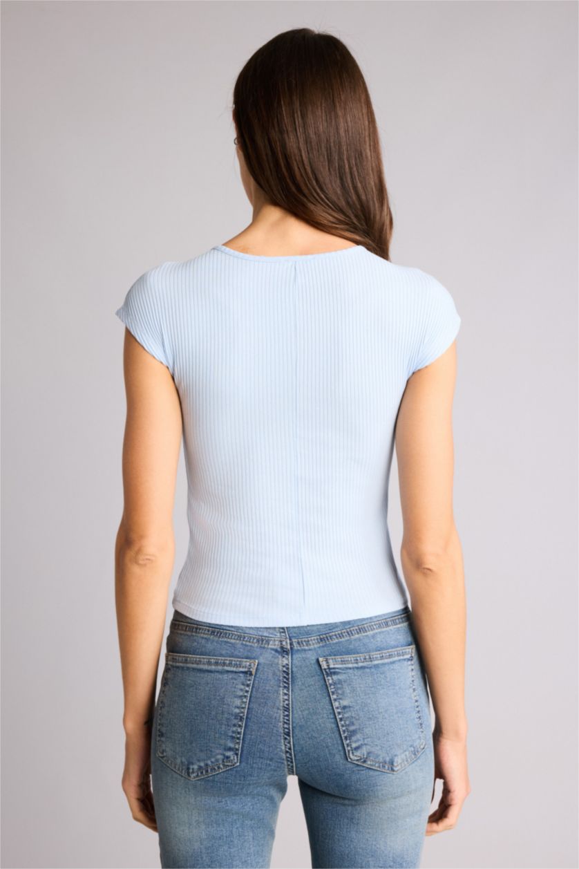 Kadın Mavi Slım Fıt Bisiklet Yaka Fitilli Kaşkorse Kısa Kollu Tişört