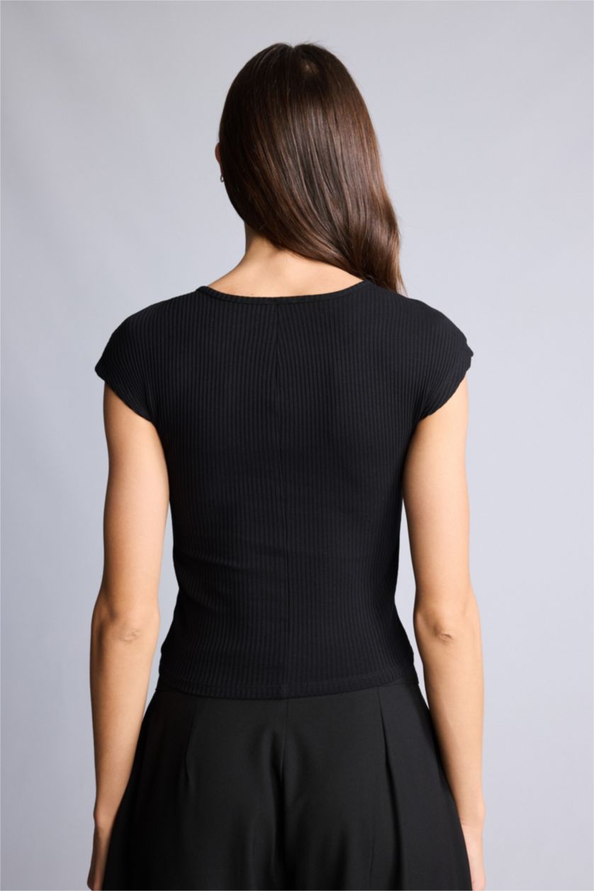Kadın Siyah Slım Fıt Bisiklet Yaka Fitilli Kaşkorse Kısa Kollu Tişört