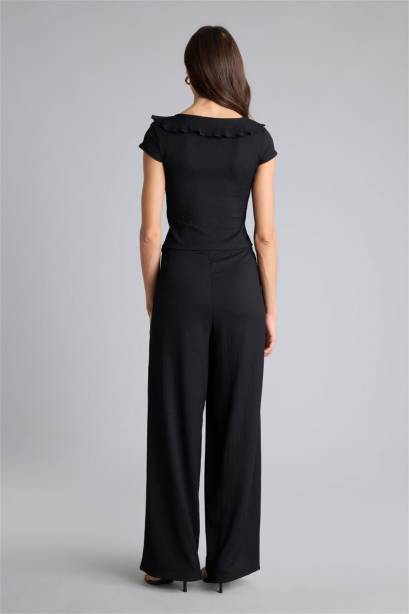 Kadın Siyah Wıde Leg Bürümcük Pantolon