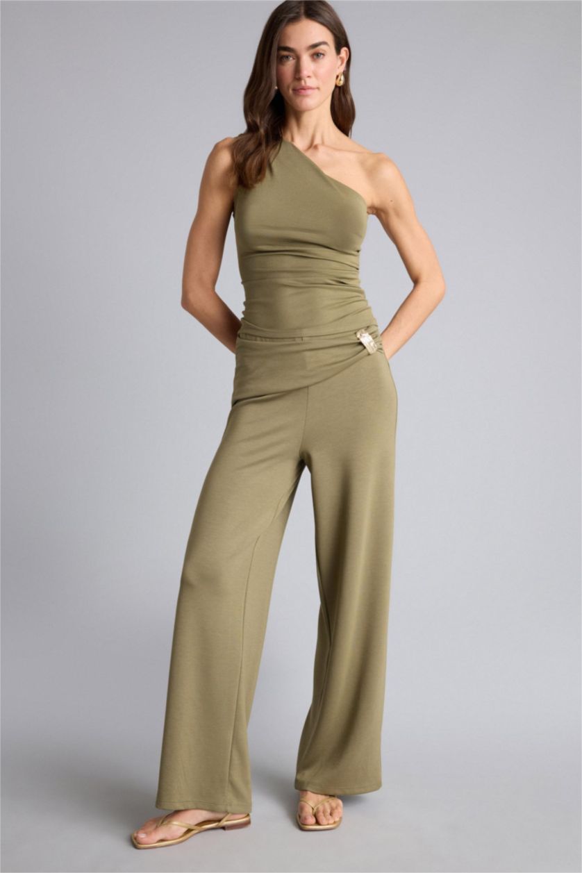 Woman Light Khaki Slim Fit One Shoulder Tank Top