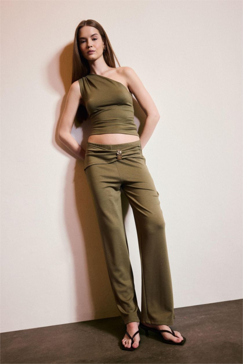 نساء كاكي فاتح بنطرون وايد ليج برجل واسع