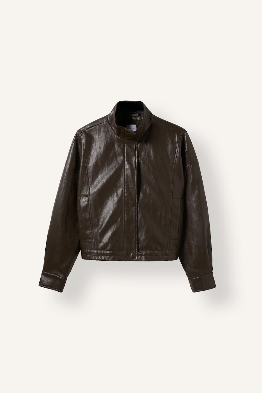 Woman Khaki High Neck Thin Faux Leather Jacket