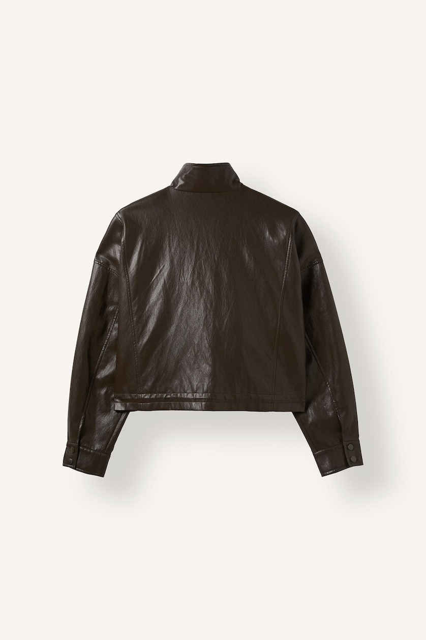 Woman Khaki High Neck Thin Faux Leather Jacket