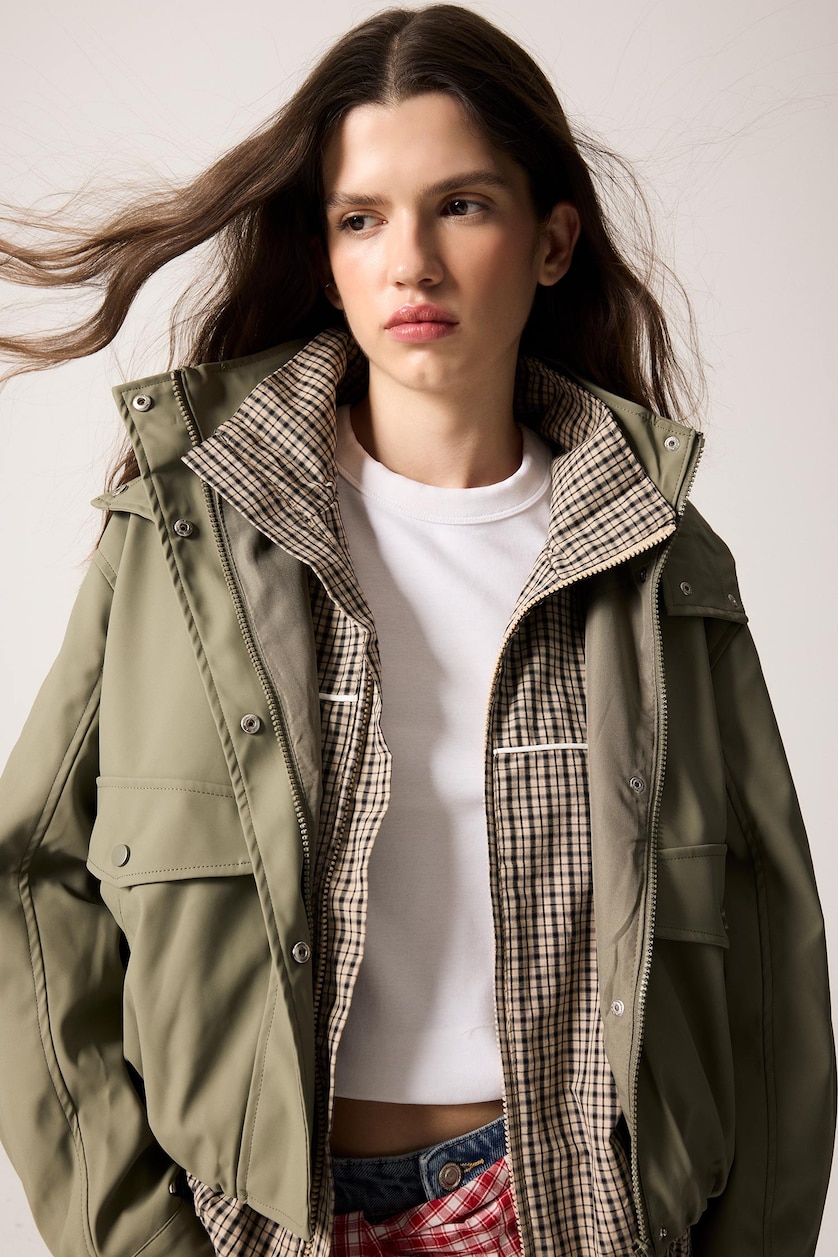Women Khaki Waterproof Regular Fit Hooded Faux Leather Raincoat