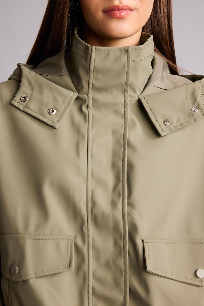 Women Khaki Waterproof Regular Fit Hooded Faux Leather Raincoat