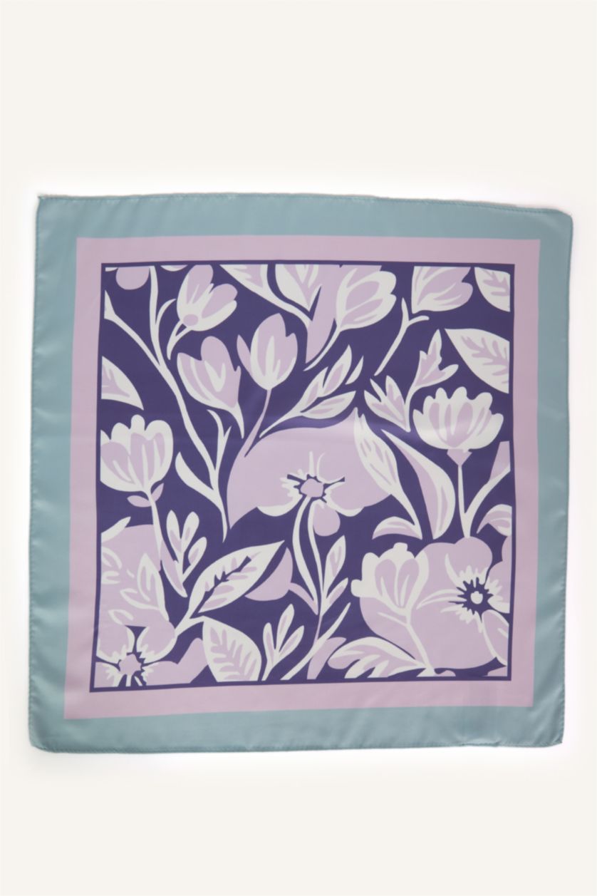 Kadın Lila Çiçek Desenli Saten Fular